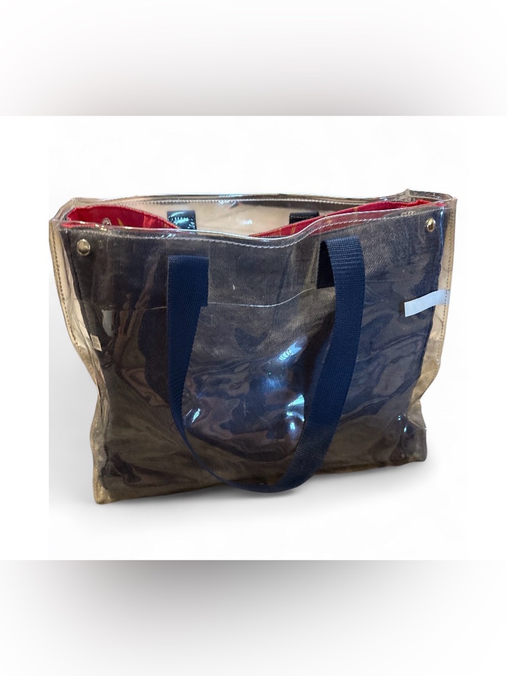 Source Unknown Transparent Tote with Navy Handles and Red Lining